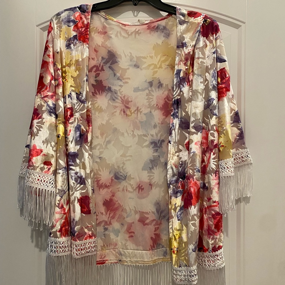 PinkBlush Floral Flocked Fringe Open Shirt - maternity, postpartum and beyond! - Picture 1 of 4